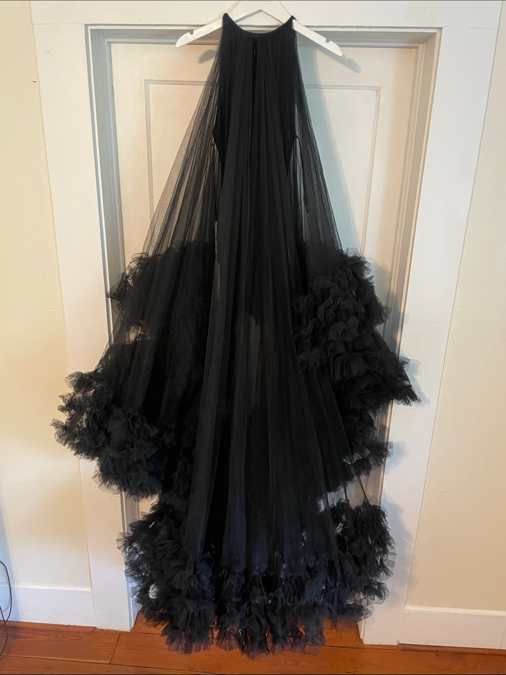 New Mac Duggal Tulle High Neck Sleeveless Ruffled Hem Hi Lo Gown - Picture 9 of 12